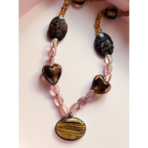 Tiger Eye Stone Necklace Brown Hearts Pink Glass Beaded Fashion Jewelry - Picture 1 of 9